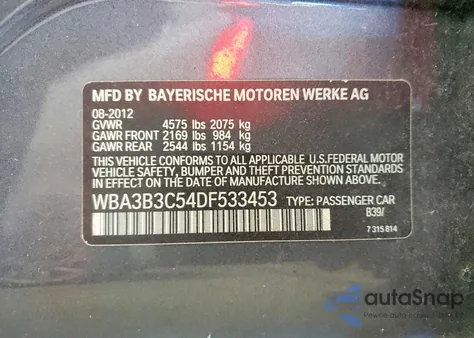 2013 BMW 328 Xi z USA, uszkodzony, nr VIN WBA3B3C54DF533453